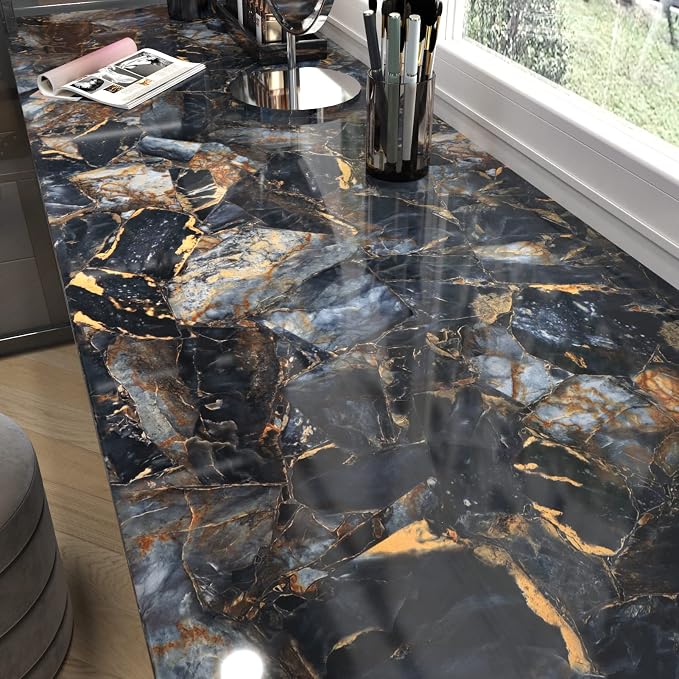 Black Marble Contact Paper Waterproof Removable Peel and Stick Wallpaper Film by WallpaperDecoration
