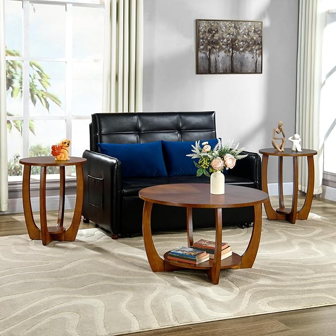 Round Solid Wood Coffee & End Table Set, 3-Piece Solid Wood Living Room Table by MIAUWUUFHOME