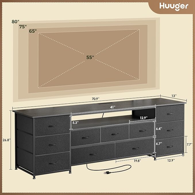 Huuger 70 Inch TV Stand for 75, 80 Inch TV, 11 Drawer Long Dresser - Image 3
