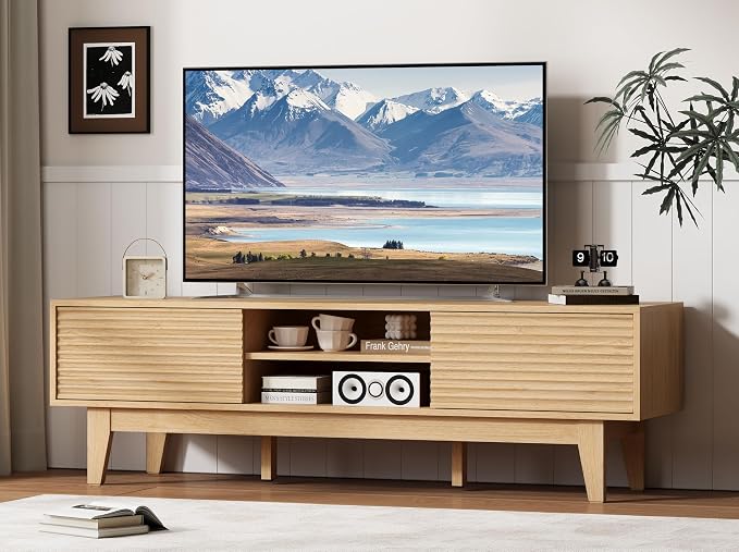 Fluted TV Stand for 55 65 Inch TV, Mid Century Modern Entertainment Center by Xixini
