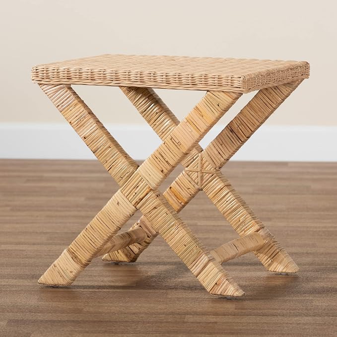 Bali & pari Farica Modern Bohemian Natural Rattan and Mahogany Accent Bench - Image 9