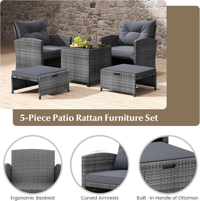 Tangkula 5 Pieces Patio Conversation Set, PE Wicker Rattan Outdoor Furniture Set - Image 8