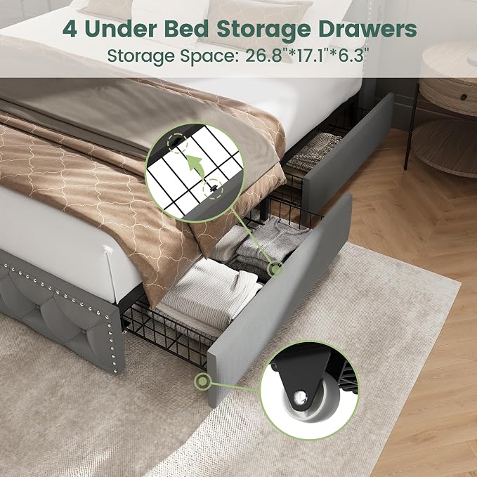 LARMACE King Bed Frame with 4 Storage Drawers and USB Charging Station Velvet - Image 7