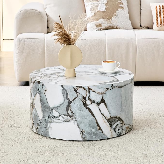 Round Coffee Table, 23.6" Modern Faux Marble Drum Coffee Table, Round Accent - Image 4