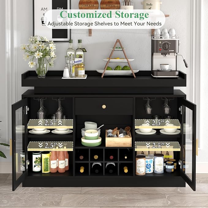 Wine Bar Cabinet with LED Light, Home Coffee Bar Cabinet with Wine and Glass - Image 4