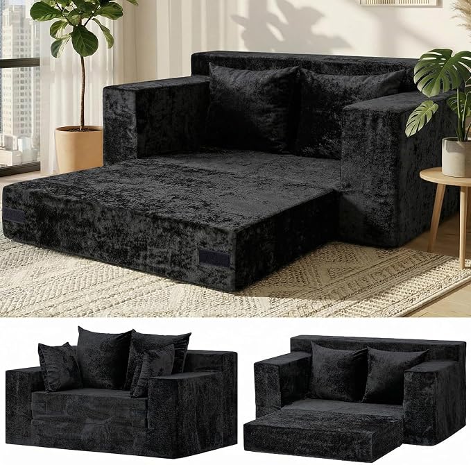 Loveseat Sofa Bed, Convertible Silky Velvet 5-in-1 Foldable Boneless Sleeper by AOLVDOW