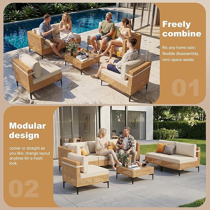 ABCASA Patio Furniture Set, Boho Patio Conversation Set Sectional Sofa - Image 4