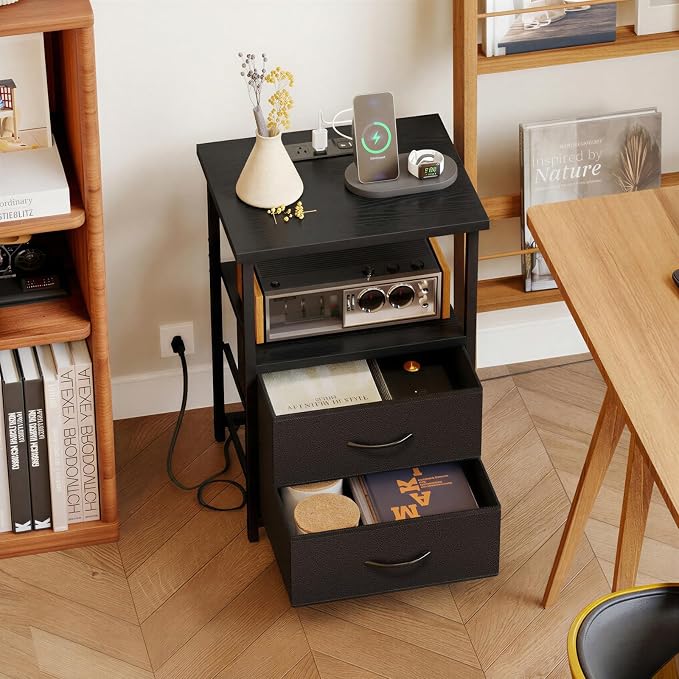 Fixwal Black Night Stand with Charger Station, Nightstand with Charging Station - Image 7