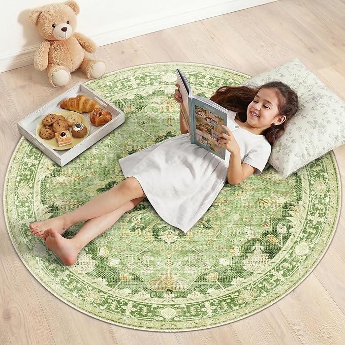 RELEANY Area Rugs Round 4ft Washable Non-Slip, Floral Vintage Distress Print by RELEANY