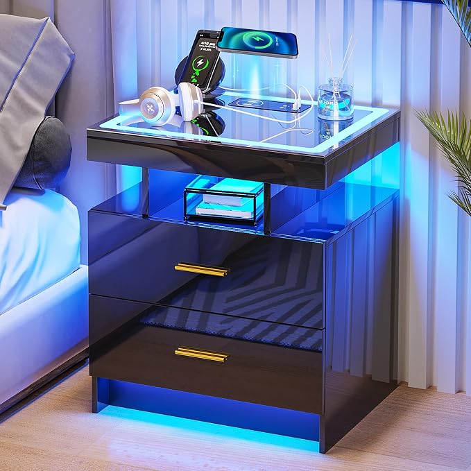 HNEBC LED Nightstand with Charging Station High Gloss Bedside Table with 2 by HNEBC