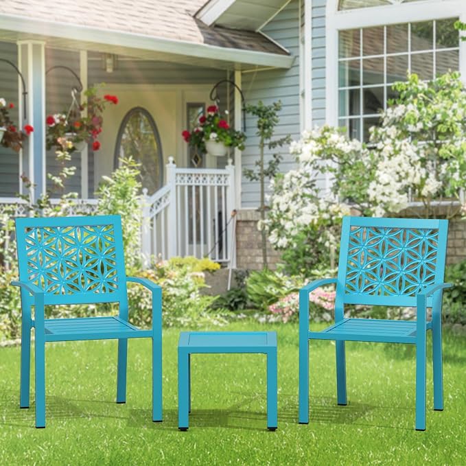 VINGLI 3-Piece Outdoor Bistro Set, Stackable Modern Metal Steel Table and Chairs - Image 4