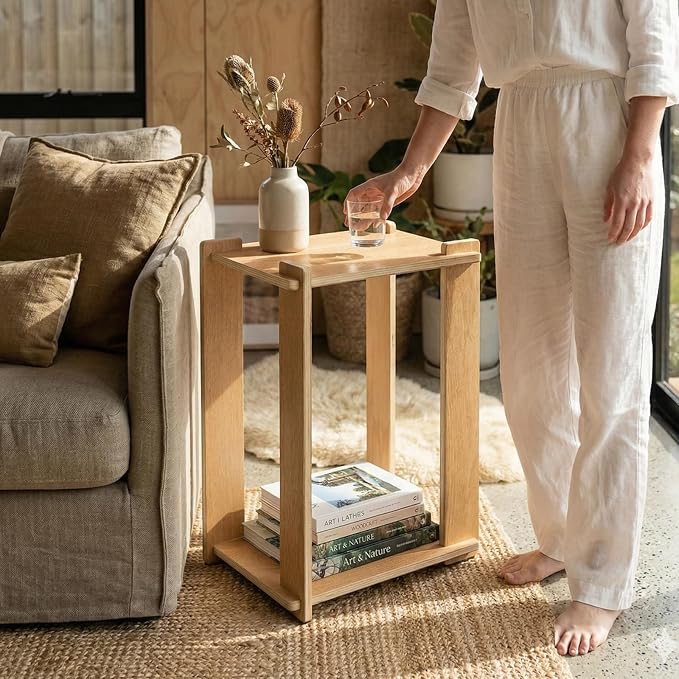 Wood Side Table, Tool-Free Mortise and Tenon Boho Japandi Night Stand, Light - Image 4
