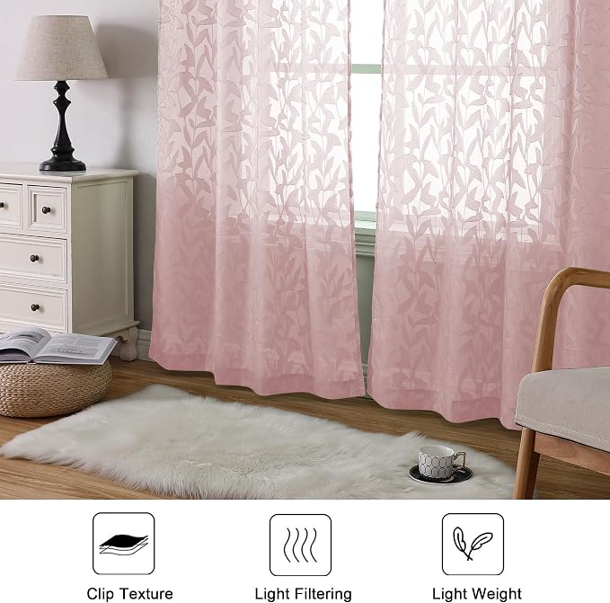 Lecloud Leia Clip Blush Pink Sheer Curtains 84 Inch Length 2 Panels, Jacquard - Image 6