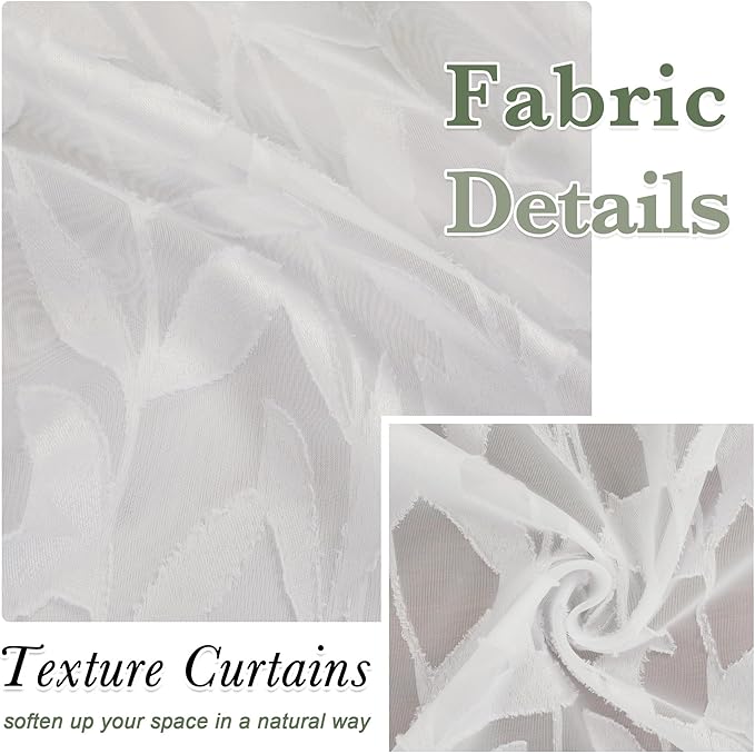 Lecloud Leia Sheer Ivory Kitchen Curtains 36 Inch Length 2 Pcs, Jacquard Leaf - Image 4