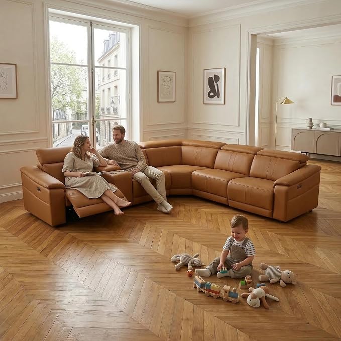 Power Recliner Sectional Sofa, L-Shaped Living Room Furniture Set, Light Brown - Image 6