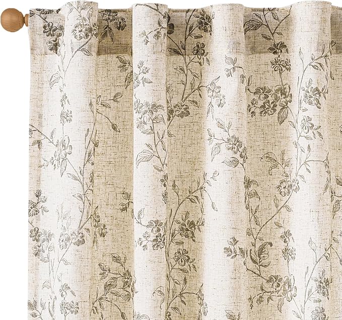 Lazzzy Grey Floral Linen Curtains 90 Inch Farmhouse Back Tab Drapes by Lazzzy