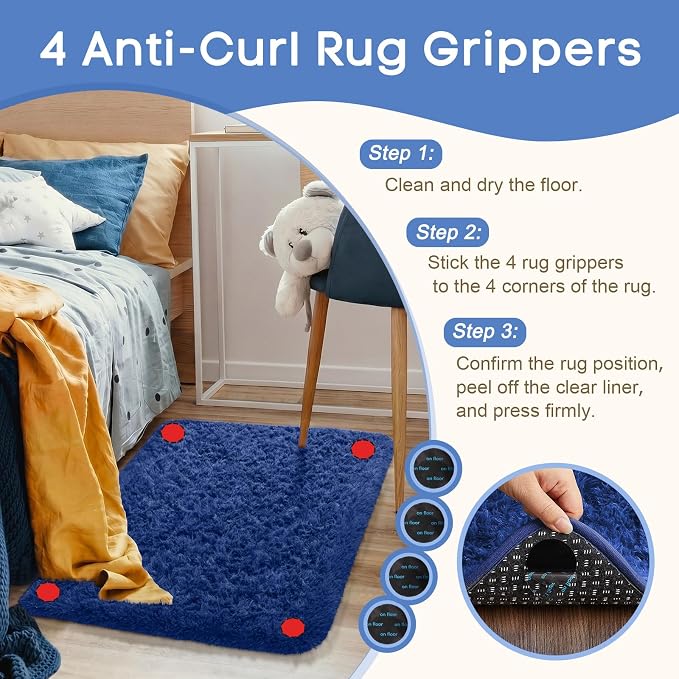 Ophanie Small Rug Washable Non Slip Throw Bedside Area Rugs, Fluffy Soft Blue - Image 2