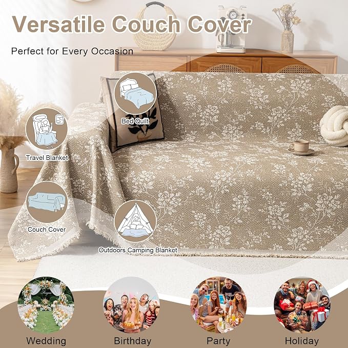 VClife Vintage Floral Bohemain Couch Cover, Soft Breathable Chenille Sofa Cover - Image 7