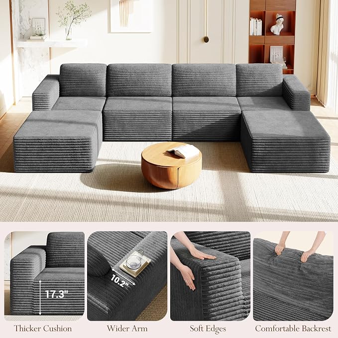 Vesgantti 159" Large Modular Sectional Sofa, U-Shaped Corduroy Cloud Couch - Image 9