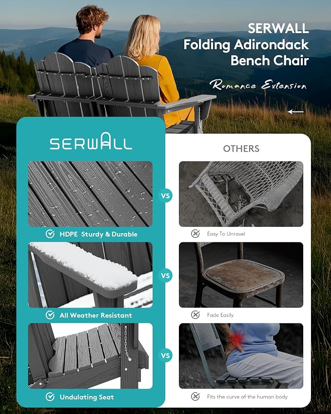 SERWALL Outdoor Patio Adirondack Set, 2 Folding Adirondack Bench & 1 Coffee - Image 9