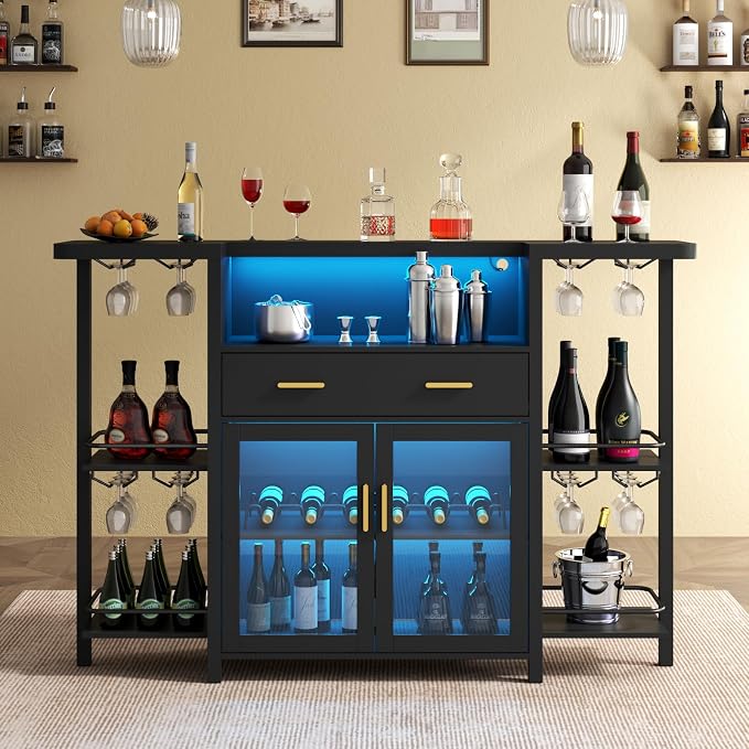 Loomie Bar Table Cabinet with LED Lights & Drawer, 8-Tier Wine Bar Cabinet with - Image 4