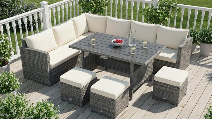 Tangkula 7 Pieces Patio Furniture Set, Outdoor Sectional Rattan Dining Sofa Set by TANGKULA