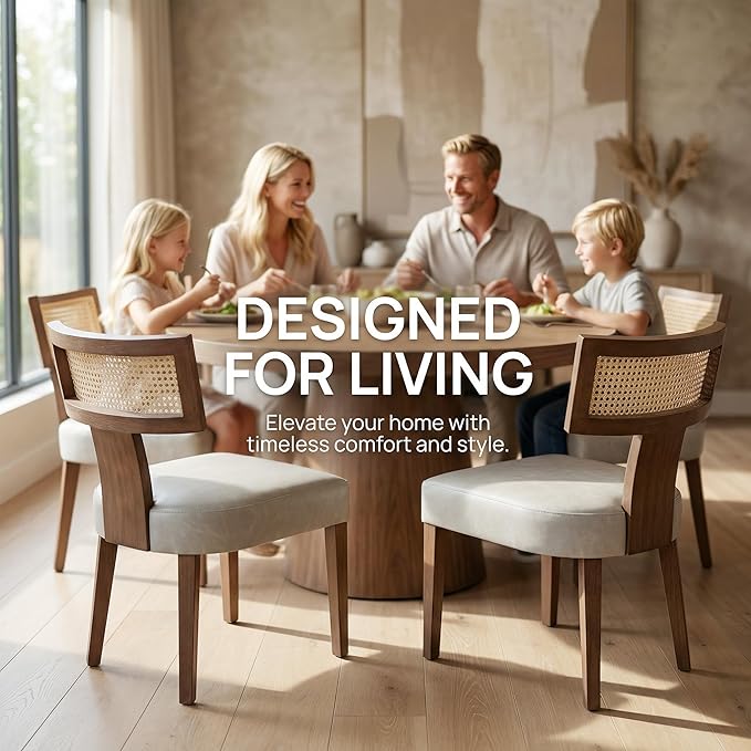 HNY Mid Century Modern Rattan Dining Chairs Set of 6, Farmhouse PU Leather - Image 3