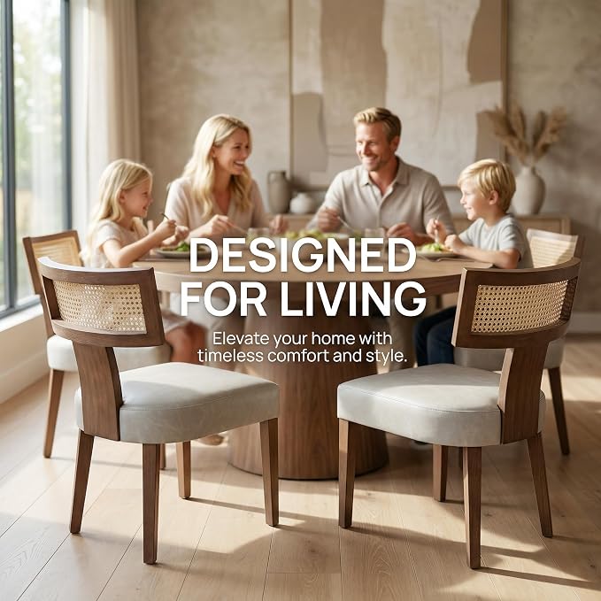 HNY Mid Century Modern Rattan Dining Chairs Set of 4, Farmhouse PU Leather - Image 3