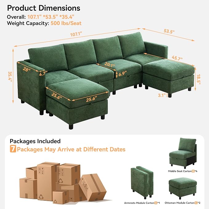 WUTUTUEE 107”Modular Sectional Sofa Convertible U Shaped Sofa Couch Set - Image 2