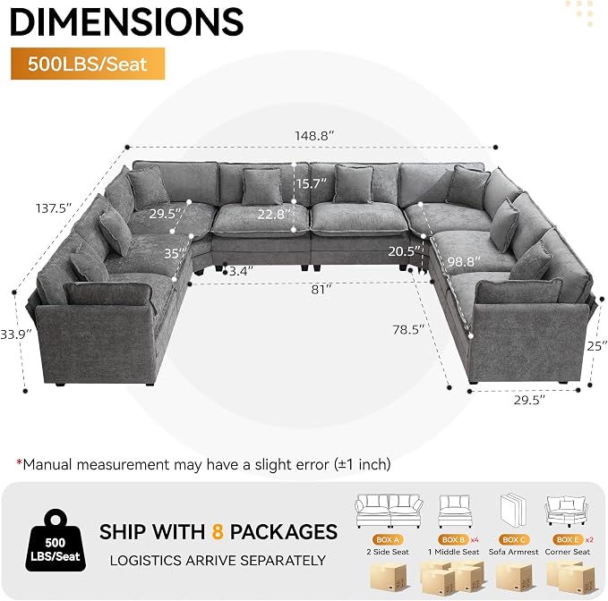 147'' Oversized U Shaped Cloud Sectional Sofa, Chenille Deep Seat Couches - Image 2