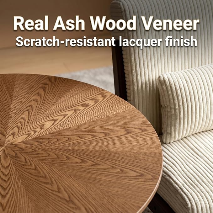 Mid-Century Modern Living Room Set – 31.5" Round Rustic Ash Wood Coffee Table & - Image 4