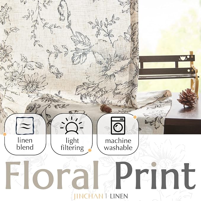 jinchan Linen Floral Curtains 63 Inch Length - Image 2