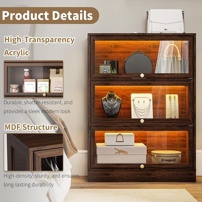 Display Cabinet with Acrylic Glass Doors, 3-Tiers Curio Cabinet with LED - Image 8