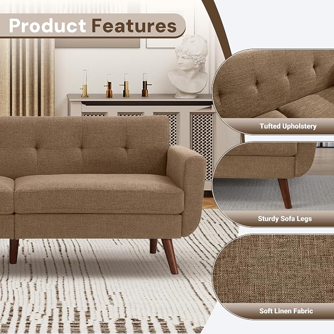 Tbfit 77.2" W Linen Sofa Couch, Mid Century Modern Decor Loveseat Couches - Image 5