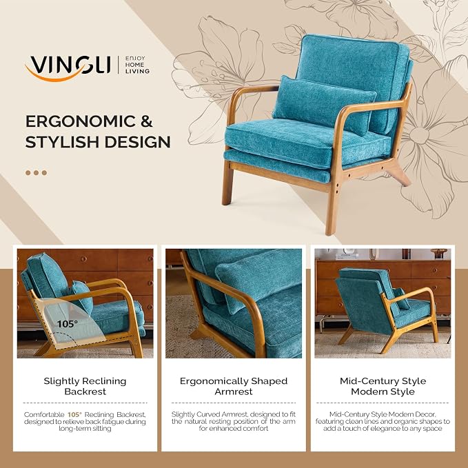 VINGLI Chenille Mid-Century Modern Accent Chair Set of 2, Cute Reading Arm Chair - Image 4