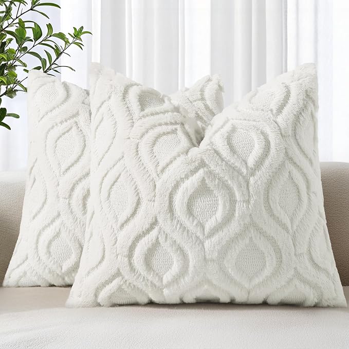 decorUhome Throw Pillow Covers 20x20 Inch Set of 2, Soft Plush Faux Wool Cream by decorUhome