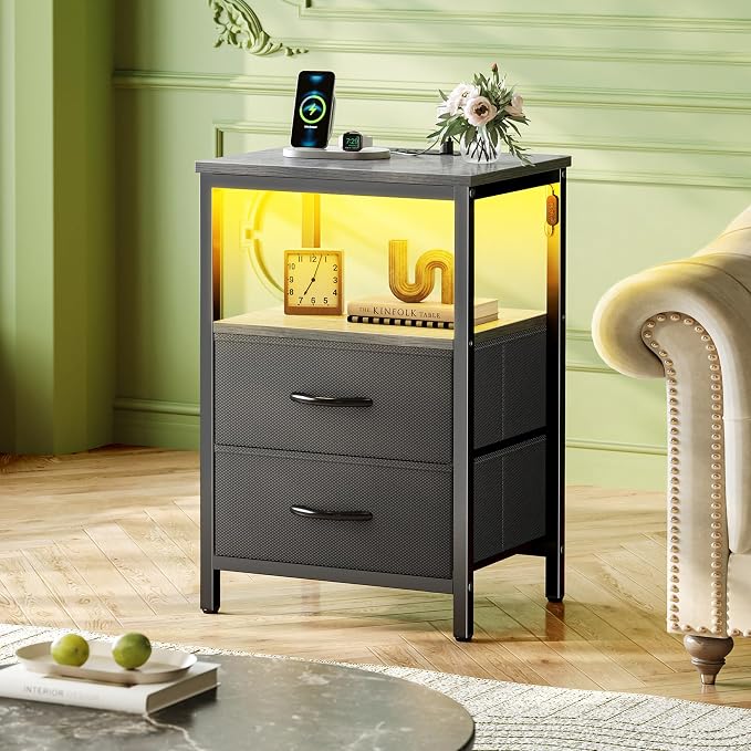Huuger Night Stand with Charger Station and LED Lights, 2 Drawer Nightstand - Image 2