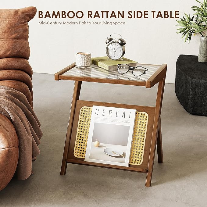 Bamworld Rattan Side Table Boho NightStand Mid Century Modern End Table Glass - Image 6