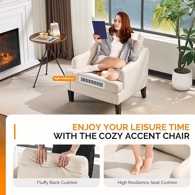 VINGLI Linen Fabric Accent Chair Beige, Modern Upholstered Armchair, Comfy Sofa - Image 7