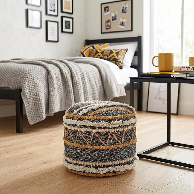 LR Home Black/Tan Coastal Striped Hand-Woven Cotton Ottoman Pouf by LRHome