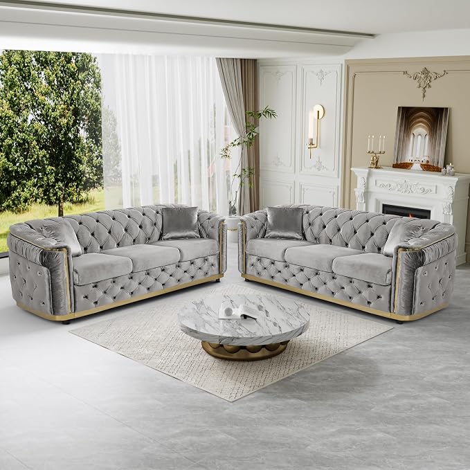 DAMAIFROM Velvet Couch Grey and Gold Sofa Luxury Loveseat 84.6" Mid Century - Image 6