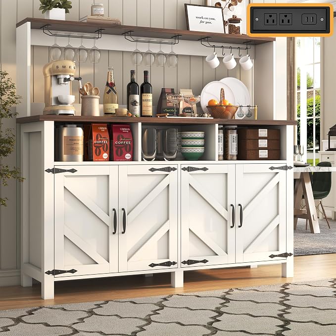Buffet Sideboard with Storage Hutch with Power Outlets 4 Doors, Large Farmhouse by KNOWORLD