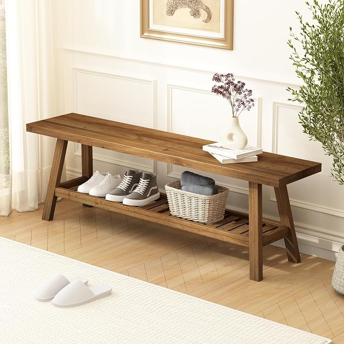 HOKYHOKY Reclaimed Solid Wood Bench-55 Inches Farmhouse Entryway Bench by HOKYHOKY