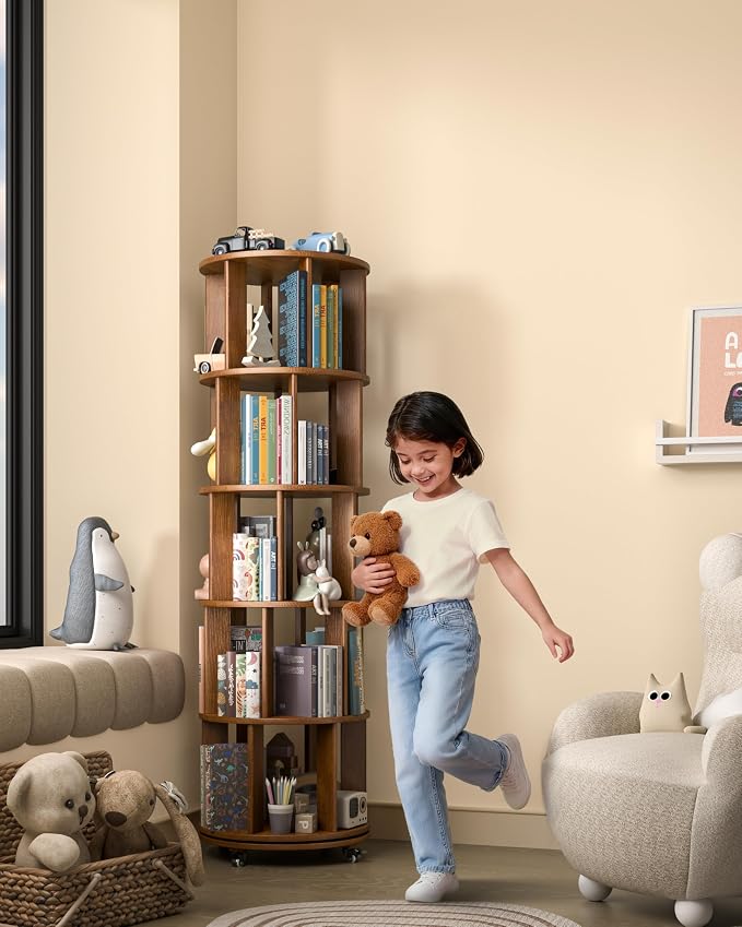 5-Tier Solid Wood Rotating Bookshelf on Wheels, 360° Spinning Book Shelf Tower - Image 8