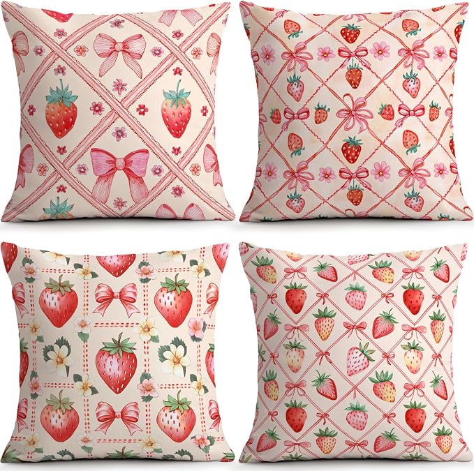 OBSEDE Pink Bow Strawberry Throw Pillow Covers 18 × 18 in, Couch Cushion Cases by OBSEDE