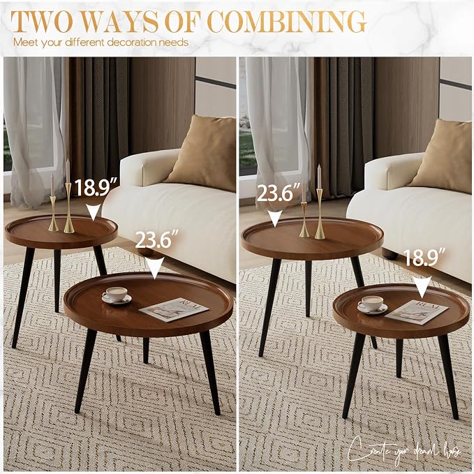 2-Piece Walnut Coffee Table, Durable Mid Century Small Round Coffee Tables - Image 6