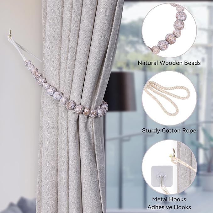 Wood Bead Curtain Tiebacks, KLOGTSIND Set of 6 Curtain Holdbacks - Image 5