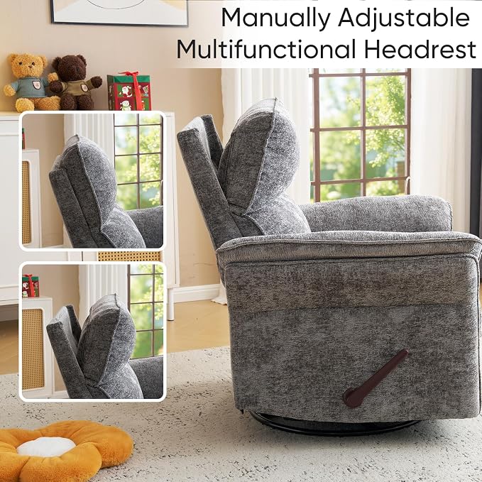 Rocking Chair Nursery with Adjustable Headrest, Manual Swivel Rocker Recliner - Image 6