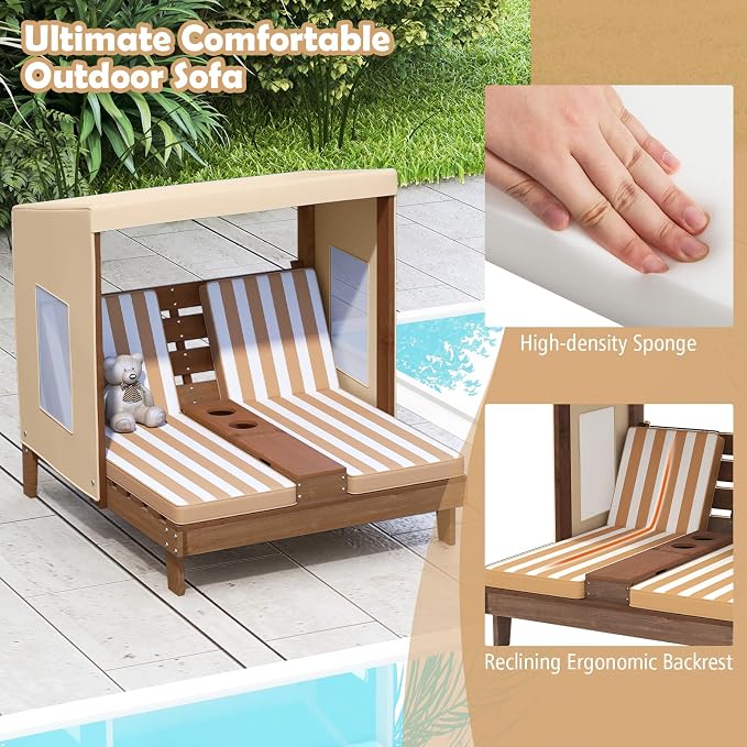 HONEY JOY Kids Chaise Lounge Chair Outdoor, Toddler Wood Double Pool Lounger - Image 4