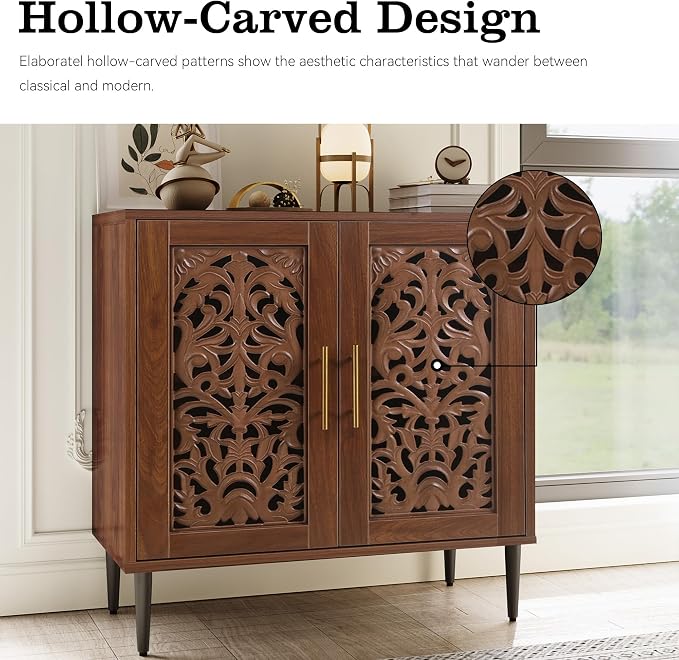 ARTPOWER Accent Cabinet with 2 Doors, Vintage Hollow Carving Buffet Cabinet - Image 4